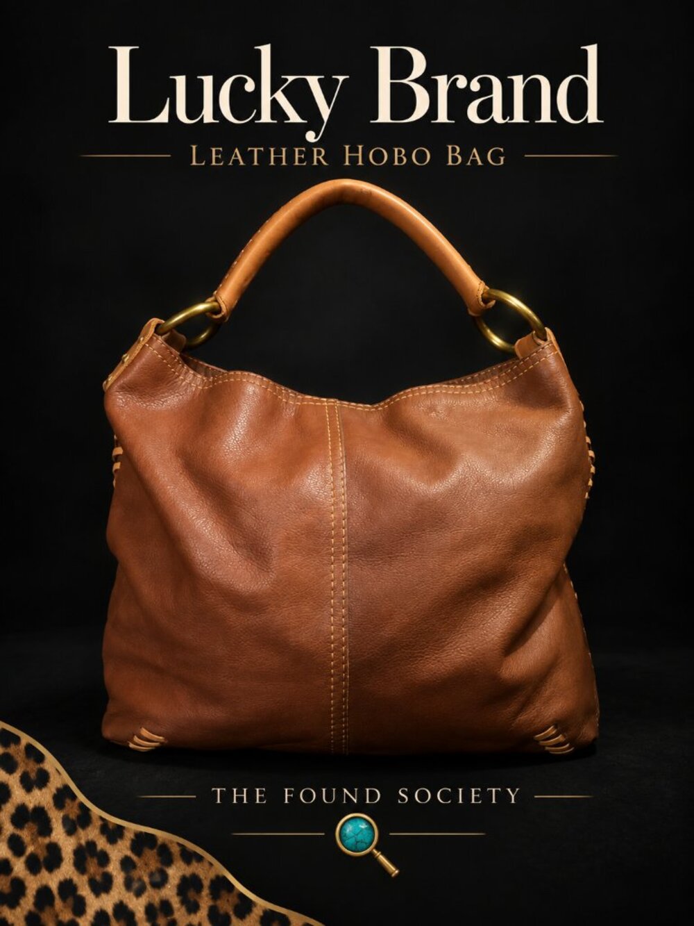 Lucky Brand Cognac Leather Whipstitch Hobo Shoulder Bag Boho